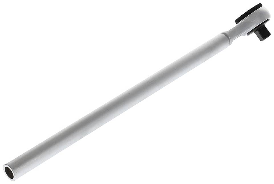 Clé à cliquet en argent avec long manche et tête commutable pour la fixation d'écrous à douille.