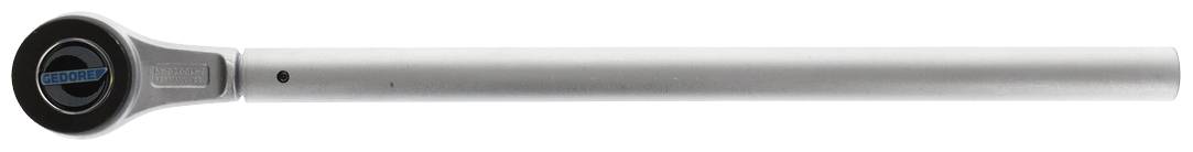 Une longue clé à cliquet argentée avec une tête noire, adaptée aux applications mécaniques.