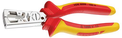 Une paire de pinces isolées rouges et jaunes conçues pour les travaux électriques, affichant la tension nominale et les détails du fabricant sur les poignées.