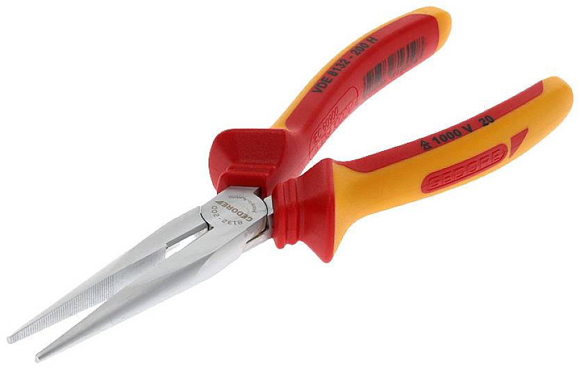 Pince avec poignées isolées, convenant aux travaux jusqu'à 1000V. Poignées rouge et jaune, avec une extrémité métallique étroite et pointue.