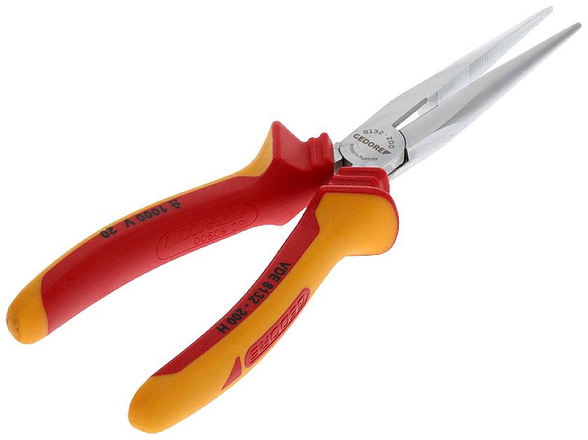 'Pince coupante rouge et jaune avec un bec long et étroit, adaptée aux travaux de précision.'