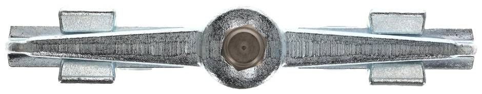 Objet métallique, orienté horizontalement, avec un élément central circulaire et des ailes symétriques et étroites.