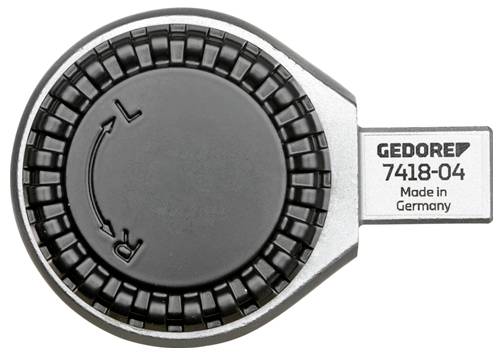 Tête de clé à cliquet 'GEDORE 7418-04' avec inverseur de direction et texte 'Made in Germany', conçue pour une utilisation mécanique.