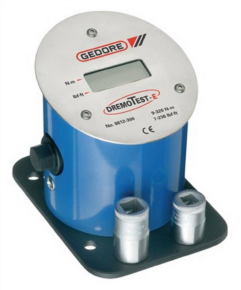 Testeur de couple numérique Gedore avec boîtier bleu, affichage et éléments de commande sur plaque métallique, idéal pour les essais de couple.