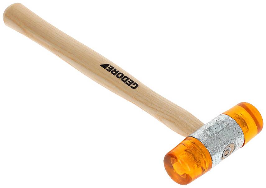Marteau de frappe avec poignée en bois, tête en plastique orange et bande métallique argentée. Idéal pour travailler délicatement sur des surfaces sensibles.