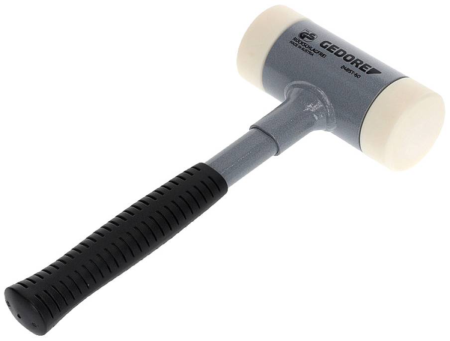 Marteau en caoutchouc avec manche en métal gris et têtes de frappe blanches, adapté aux travaux ménageant les matériaux sur des surfaces sensibles.