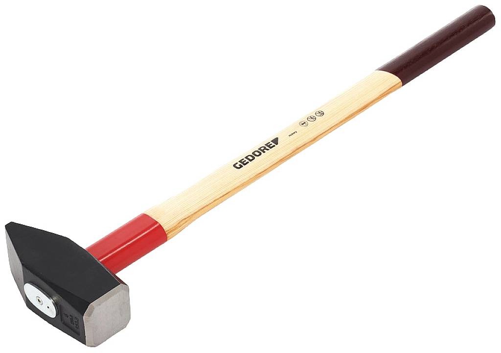 Un marteau avec un manche rouge et de couleur bois, à tête noire ; utile pour les travaux de construction et l'artisanat.