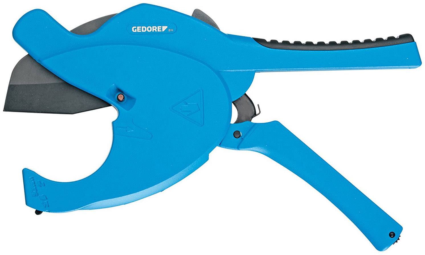 Grande cisaille bleue pour tuyaux avec poignée et lame noires, adaptée à la coupe précise des tubes en plastique.