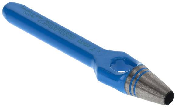 Un poinçon bleu à tête creuse avec un manche métallique. L'outil possède une pointe cylindrique et est utilisé pour perforer des trous.
