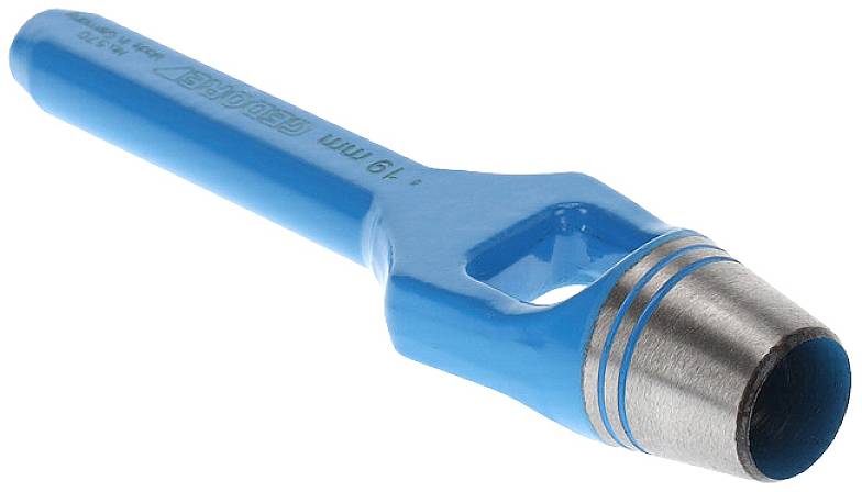 Poinçon perforateur en métal bleu avec une surface de coupe circulaire creuse et une poignée. Adapté pour découper des cercles précis dans divers matériaux.
