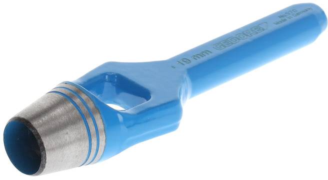 Poinçonneuse bleue à pointe métallique, adaptée pour perforer des trous de 18 mm dans divers matériaux.