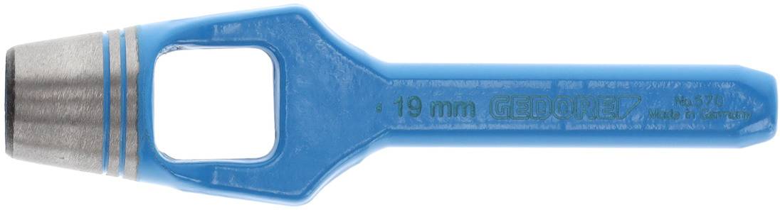 Marteau en caoutchouc bleu avec insert métallique, portant l'inscription '19 mm GEDORE No. 570' sur le manche. Utilisé pour poinçonner du matériau.