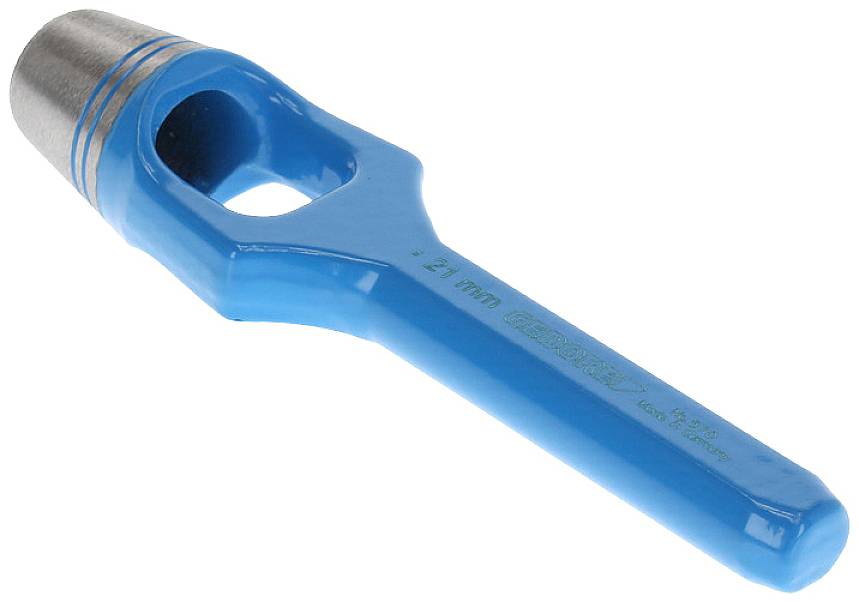 Un poinçon en fer bleu avec une pointe métallique et une poignée, destiné à découper précisément des matériaux tels que le cuir ou le tissu.