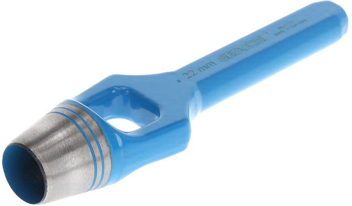 Une faucille en acier bleue, de 22 mm, pour couper des matériaux comme le caoutchouc. Elle possède un tranchant acéré et une poignée robuste.