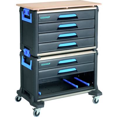 Chariot à outils avec cinq tiroirs bleus et un compartiment ouvert en bas, mobile sur quatre roues, avec un couvercle en bois sur le dessus.
