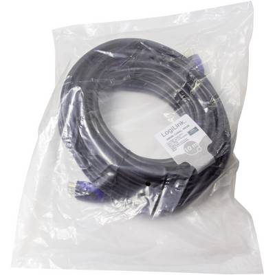 Câble VGA noir de 10 m, emballé dans un film plastique transparent.