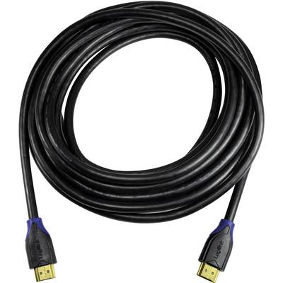 Un long câble HDMI enroulé, avec des connecteurs noirs et bleus à chaque extrémité, adapté pour connecter des appareils audio et vidéo.
