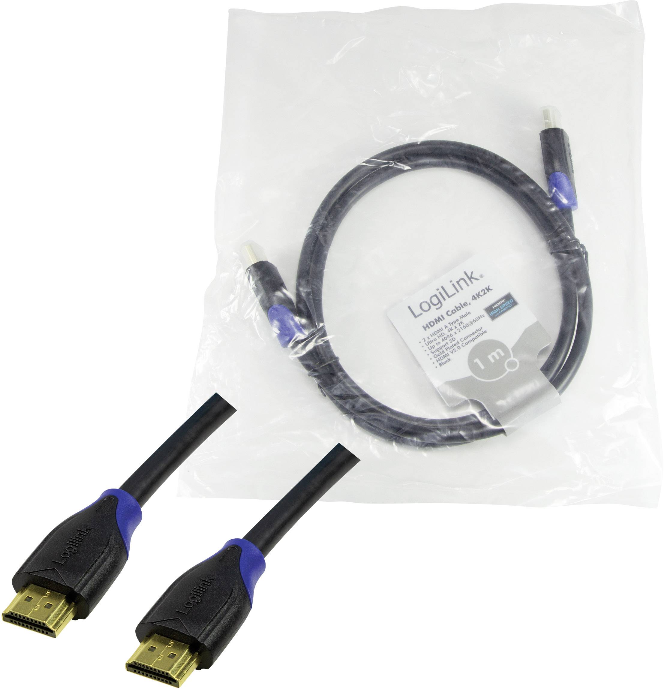 Un câble HDMI LogiLink d'un mètre de long, emballé dans du plastique et équipé de deux connecteurs HDMI noirs avec des touches bleues.