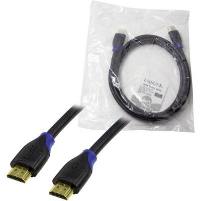 Un câble HDMI noir avec des détails bleus, emballé dans un sachet transparent. Sur l'emballage, il est inscrit 'LogiLink HDMI Kabel'.