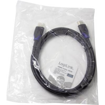 Câble HDMI noir, longueur 2 mètres, emballé dans un film plastique transparent. L'emballage affiche 'LogiLink' et la spécification '4K2K'.