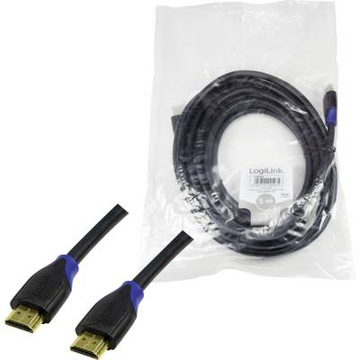 Câble HDMI de LogiLink, 5 mètres, noir, dans un emballage en plastique. Deux extrémités visibles avec des connecteurs dorés et des détails bleus.