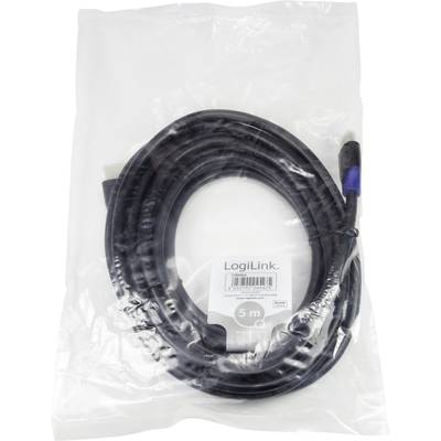 Un câble HDMI noir de LogiLink, long de 5 mètres, emballé dans un sac en plastique transparent. Principalement utilisé pour les connexions audio/vidéo.