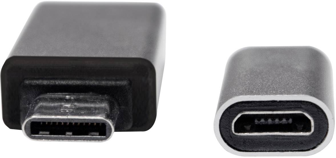 Deux adaptateurs USB : à gauche, un adaptateur avec une fiche USB Type-C, à droite, un adaptateur avec une prise USB Micro-B, tous deux en noir.