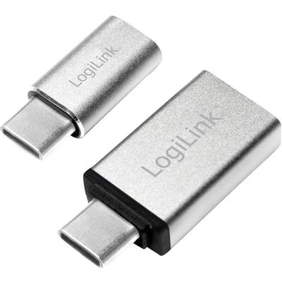 Deux adaptateurs métalliques LogiLink de USB-C à USB-A de différentes tailles sont posés côte à côte.