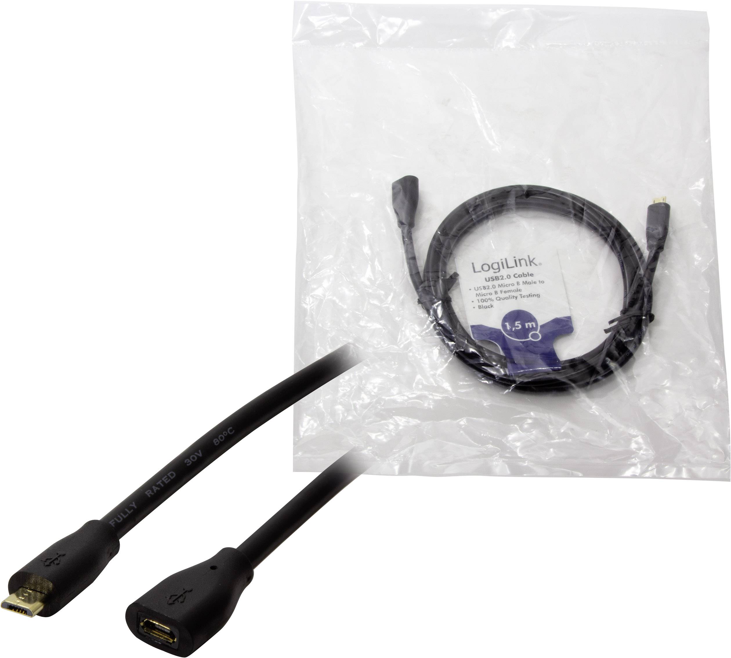 Câble d'extension Micro-USB présenté dans un emballage transparent, longueur 1,5 m, marque LogiLink. Principalement utilisé pour les appareils électroniques.