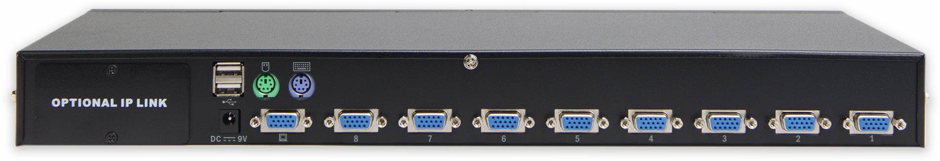 Arrière d'un périphérique réseau doté de plusieurs ports VGA et d'un lien IP optionnel. Des ports USB et PS/2 sont également présents.