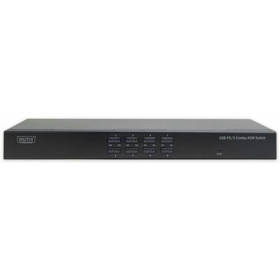 Un commutateur KVM PS/2 USB noir avec plusieurs rangées de touches sur le devant, adapté pour connecter plusieurs ordinateurs.