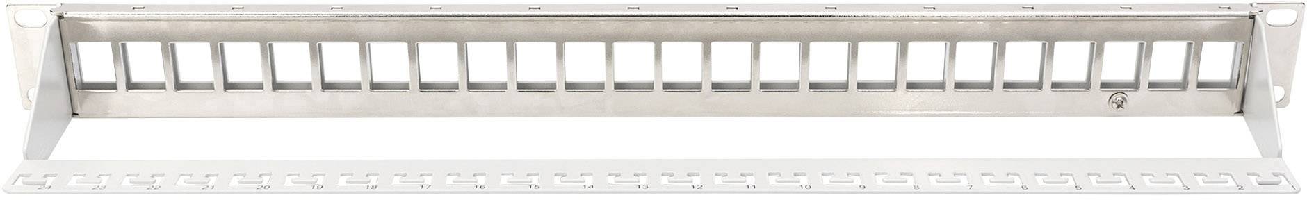 Panneau de brassage blanc vide avec 24 ports pour la gestion des câbles réseau dans un centre de données ou une salle réseau.
