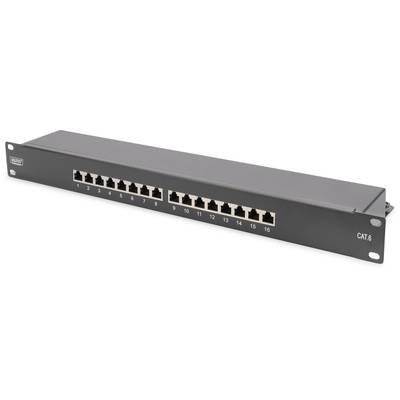 Un panneau de brassage à 16 ports pour câblage réseau, modèle CAT.6, dans un boîtier noir, adapté aux racks.