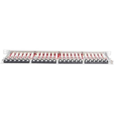 Un module de jonction à fibre optique à 20 ports avec des connecteurs rouge marqués et numérotés, destiné à l'organisation des câbles à fibre de verre.