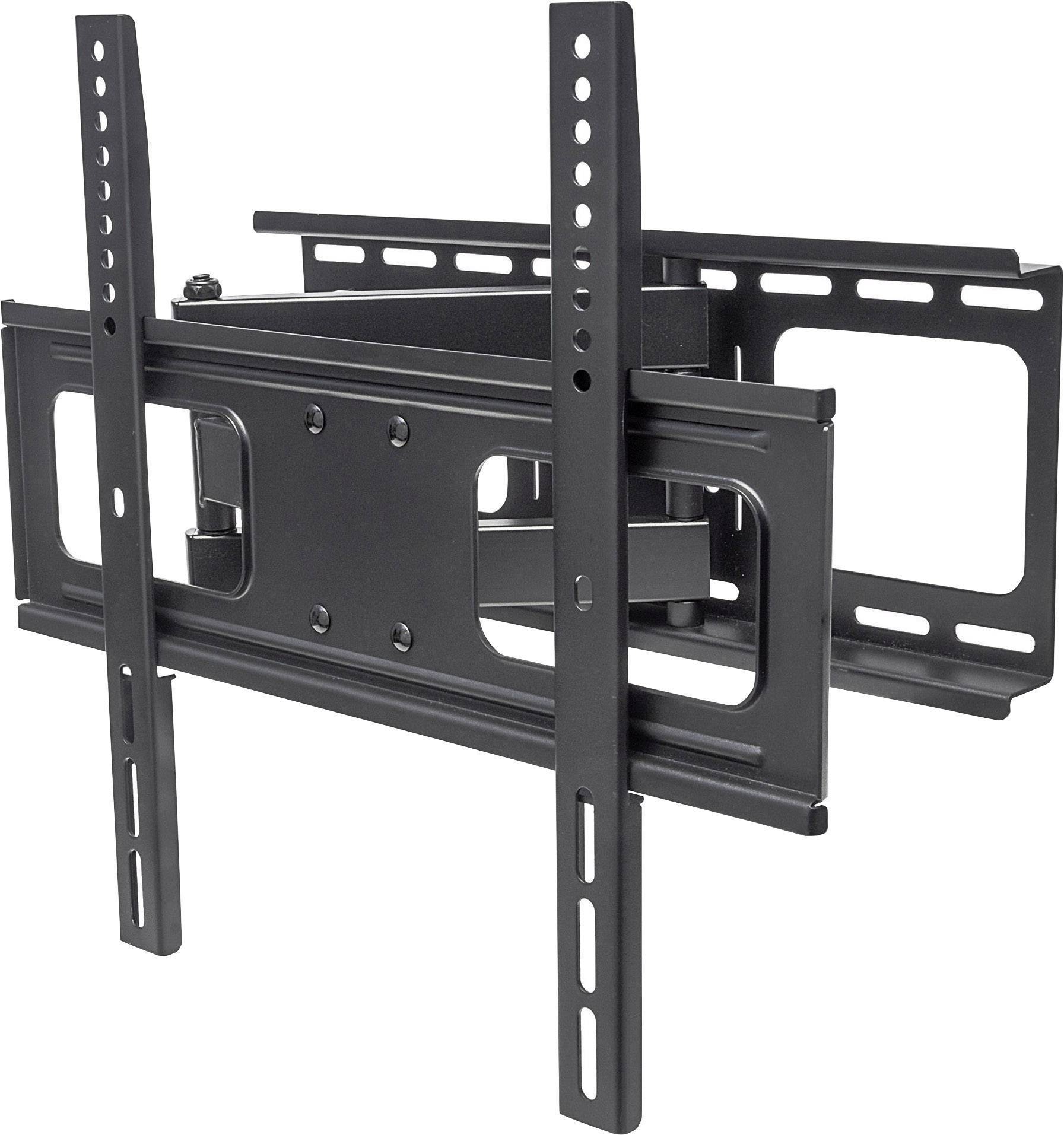 Un support mural noir et ajustable pour téléviseur, adapté aux écrans plats. Il dispose de plusieurs trous pour un montage flexible.