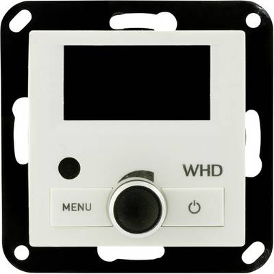 Un panneau de commande carré avec un écran noir, un bouton rotatif portant l'inscription 'MENU' et un interrupteur marche/arrêt en bas à droite, marqué 'WHD'.