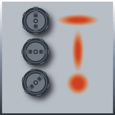 Trois interrupteurs gris et ronds à gauche ; un point d'exclamation rouge à droite.