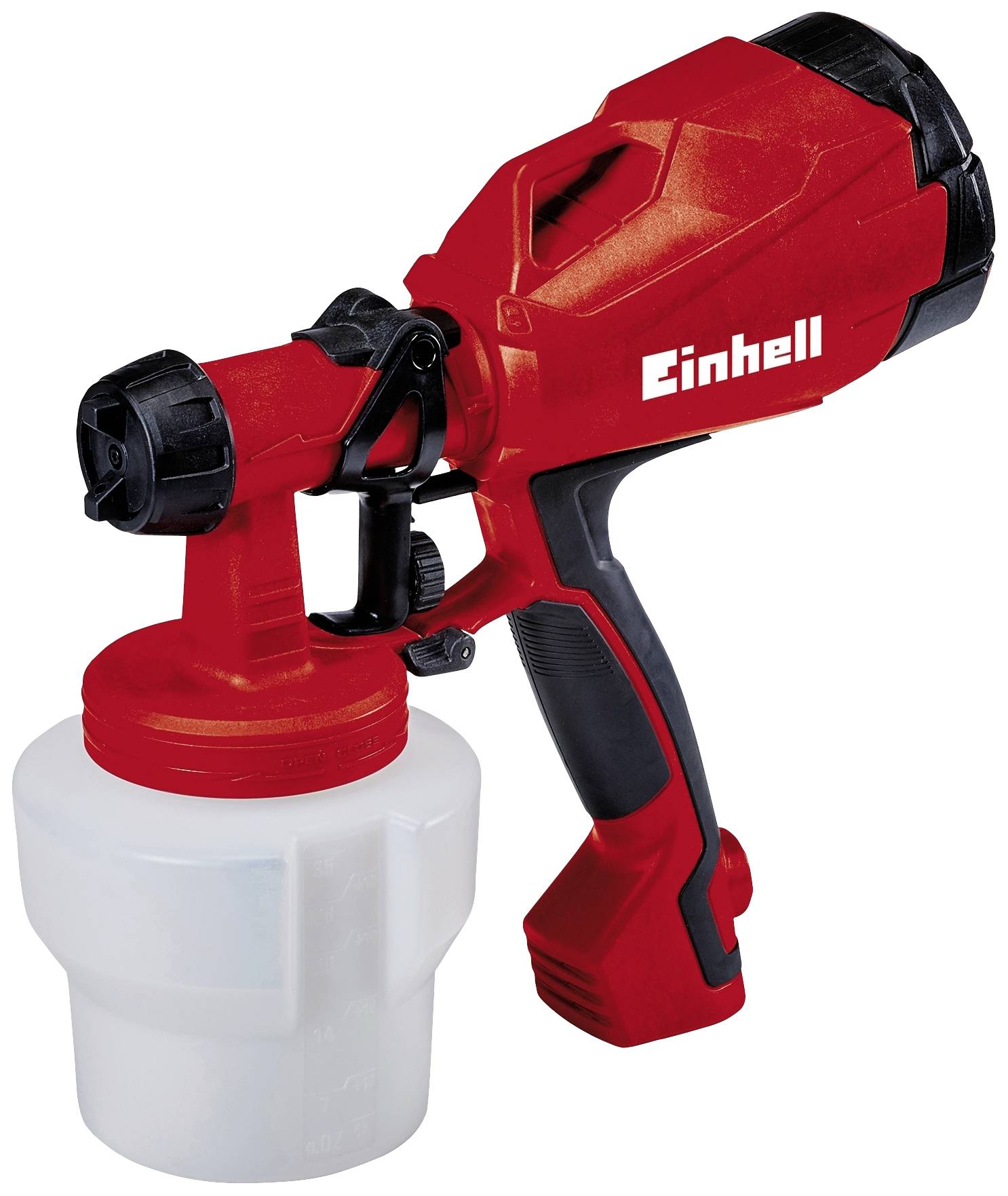 Un pistolet de pulvérisation rouge avec un récipient blanc, adapté pour appliquer uniformément de la peinture ou du vernis sur des surfaces.