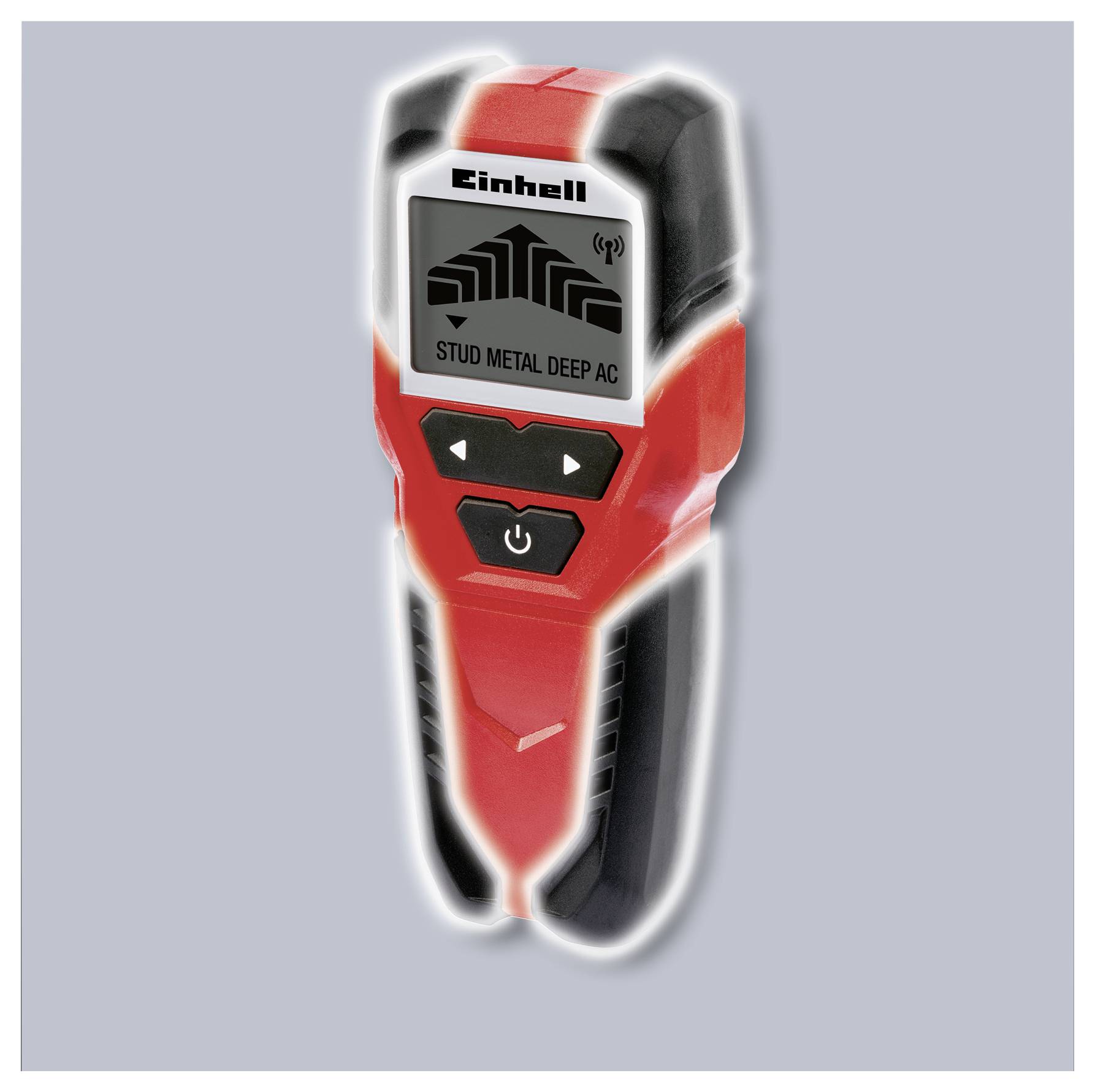 Détecteur de localisation numérique en rouge et noir, marqué 'Stud Metal Deep AC'. Utilisé pour détecter les métaux et les lignes électriques.