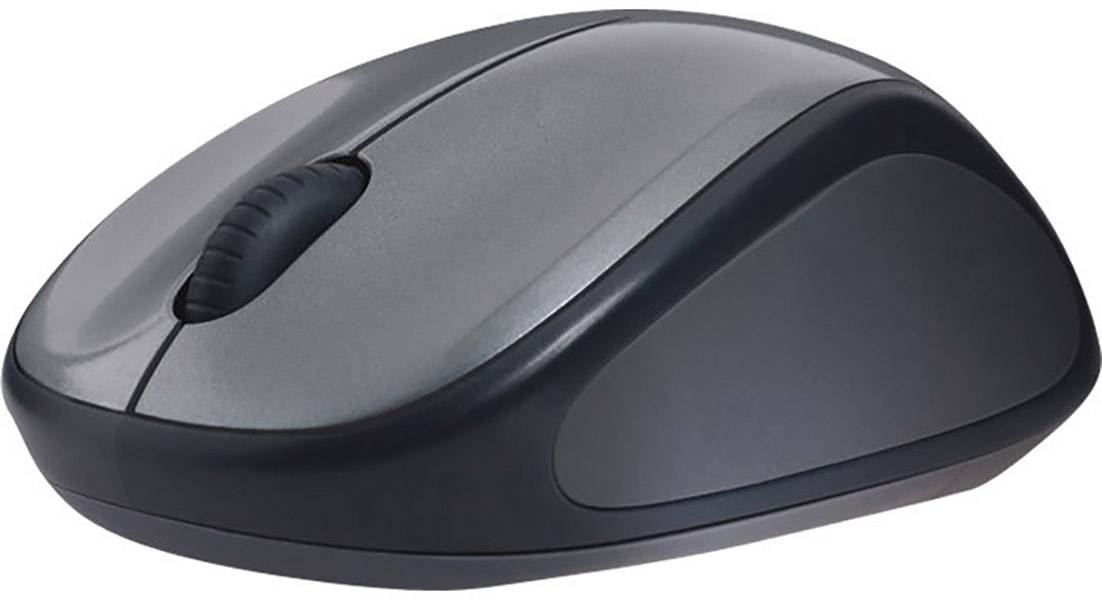Une souris d'ordinateur sans fil en noir et gris.