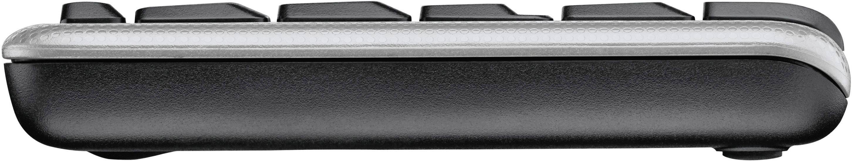 Vue latérale d'un clavier d'ordinateur noir avec des touches mises en valeur et un design épuré.