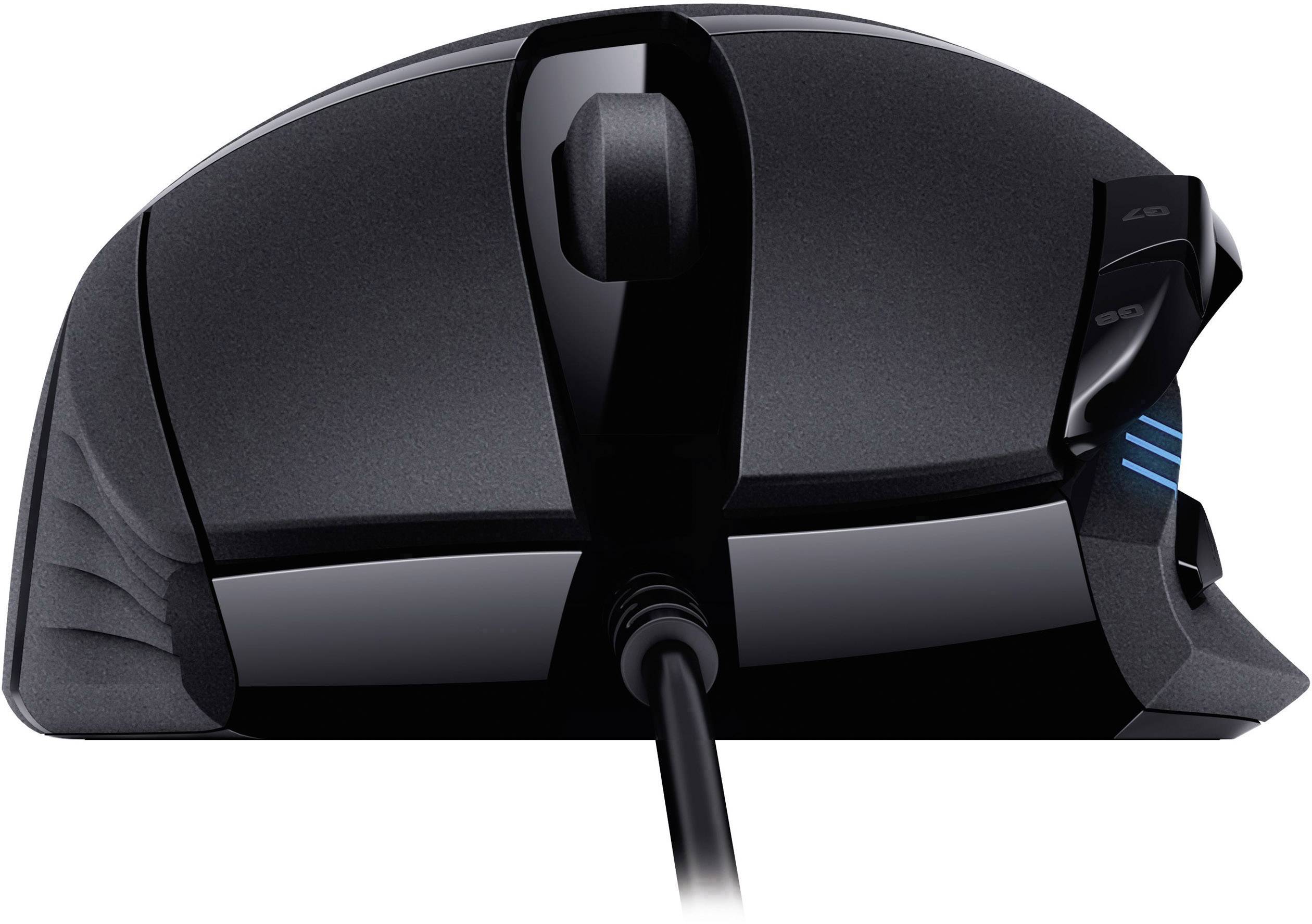 Une souris de gaming noire avec des boutons latéraux et une structure de prise en main, connexion filaire.