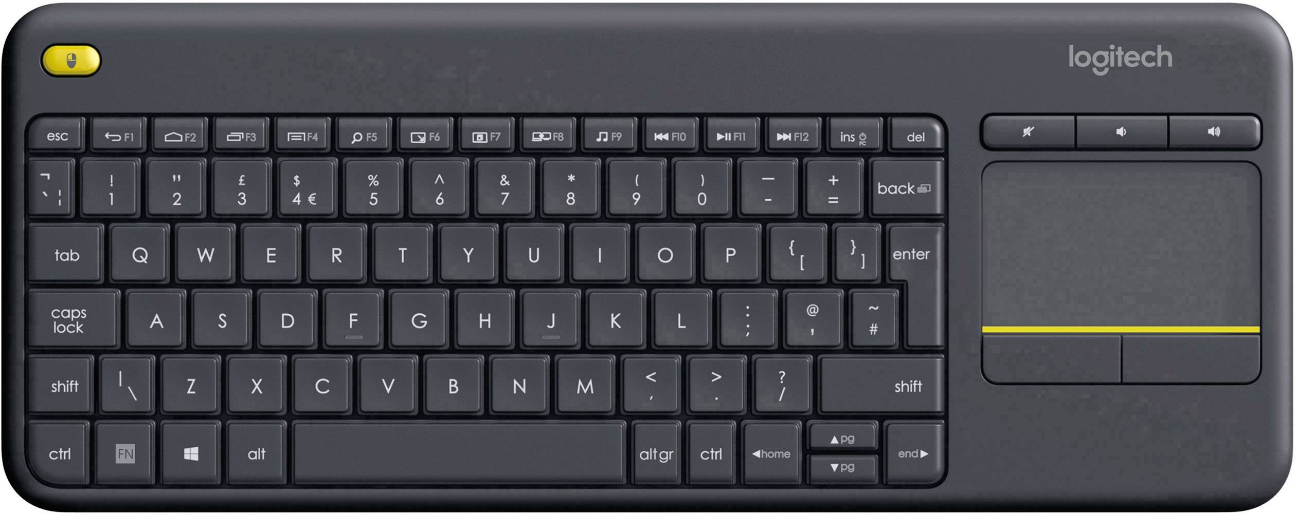 Clavier noir sans fil avec pavé tactile intégré, logo du fabricant en haut à droite. Design compact et fin.