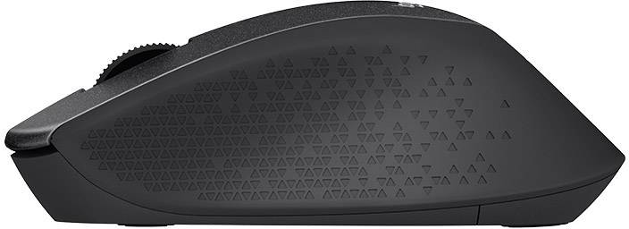 Vue latérale d'une souris d'ordinateur sans fil noire avec un motif texturé.