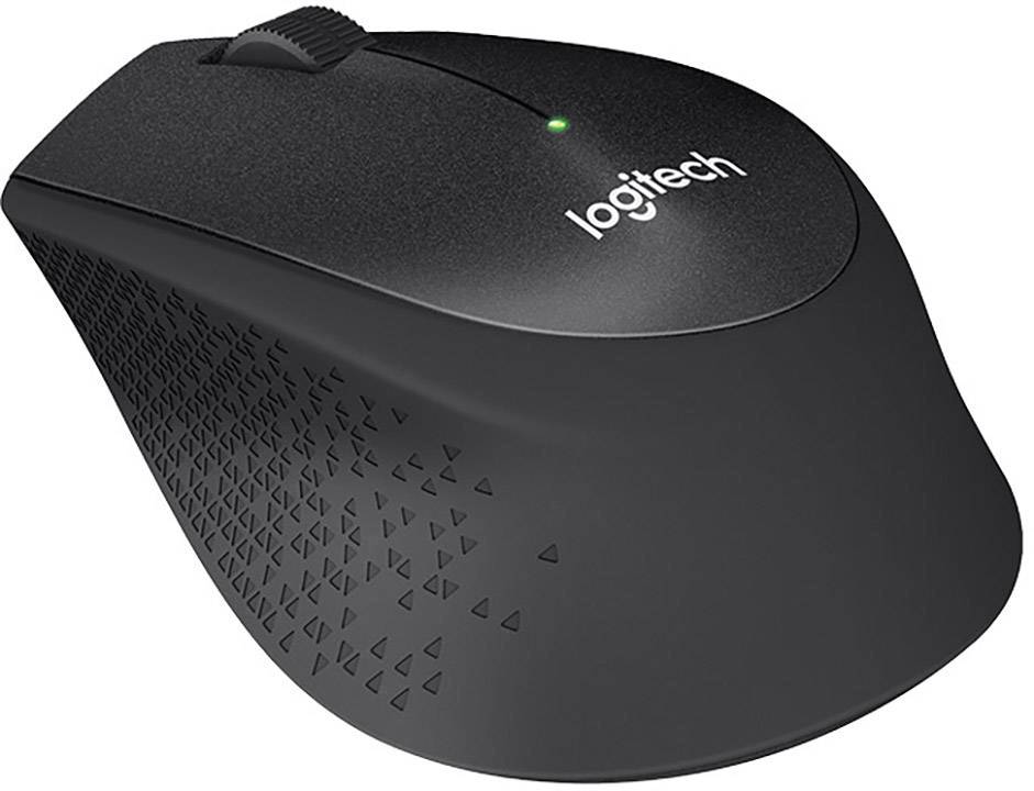 Souris d'ordinateur sans fil noire au design ergonomique. Le nom de la marque est visible sur le dessus. Un voyant vert indique l'état de fonctionnement.