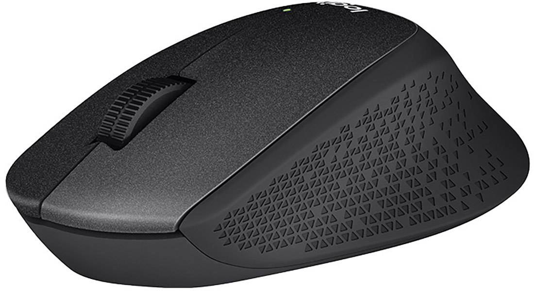 Une souris d'ordinateur noire sans fil avec une texture sur le côté et une molette de défilement, prise en diagonale de gauche en haut vers la droite en bas.