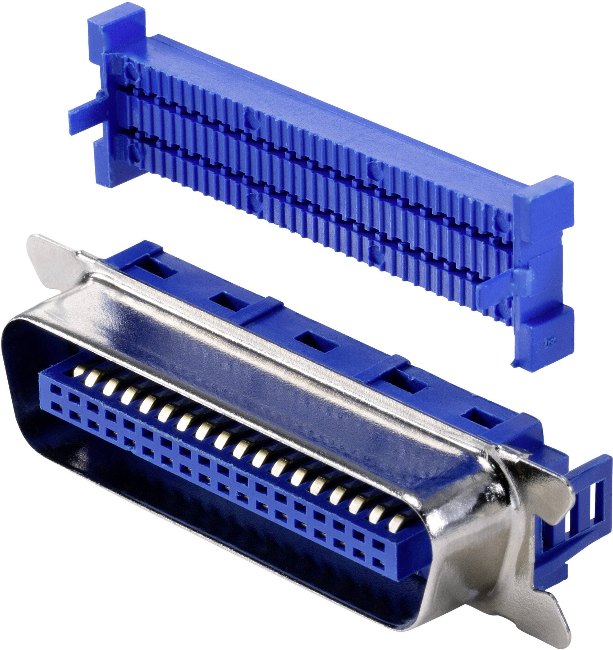 'Deux connexions SCSI-II bleues, l'une mâle avec des broches et l'autre femelle sans broches, pour les connexions de données dans les réseaux informatiques.'