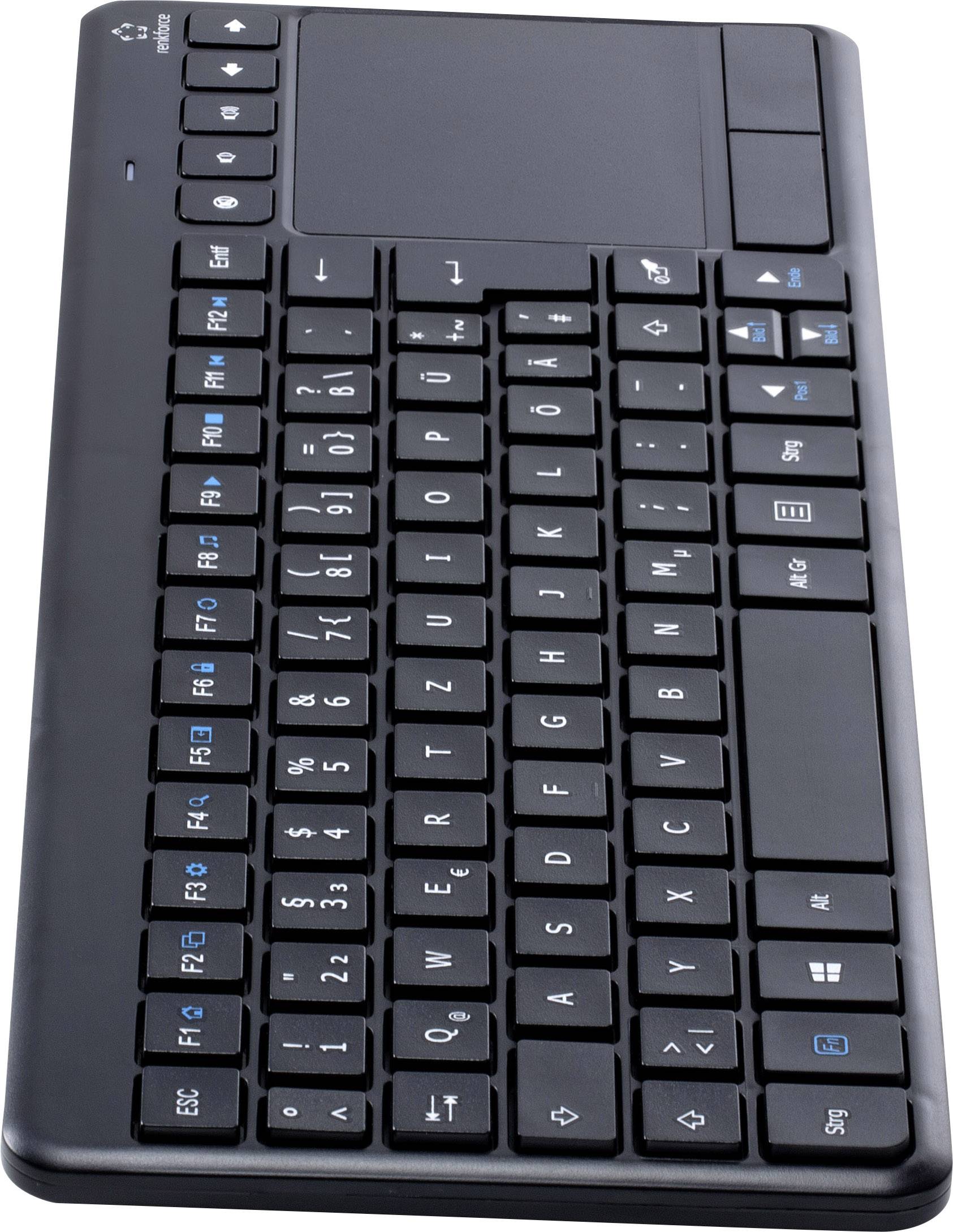 Clavier noir compact avec disposition allemande QWERTZ, touches de fonction spéciales et touches d'accentuation bleues pour le contrôle multimédia.
