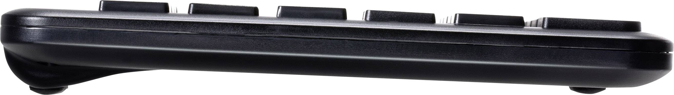 Clavier d'ordinateur noir avec souris, vue latérale montrant six touches visibles.