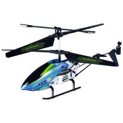 Hélicoptère jouet en bleu et noir avec des accents verts, doté de deux pales de rotor et d'un rotor de queue stabilisateur, conçu pour un vol en intérieur.